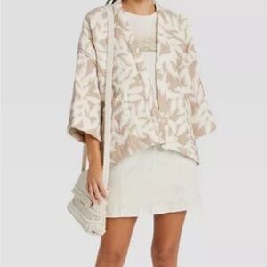 Beige Floral Kimono Cardigan Boho Coastal Lightweight Layering Open Drape